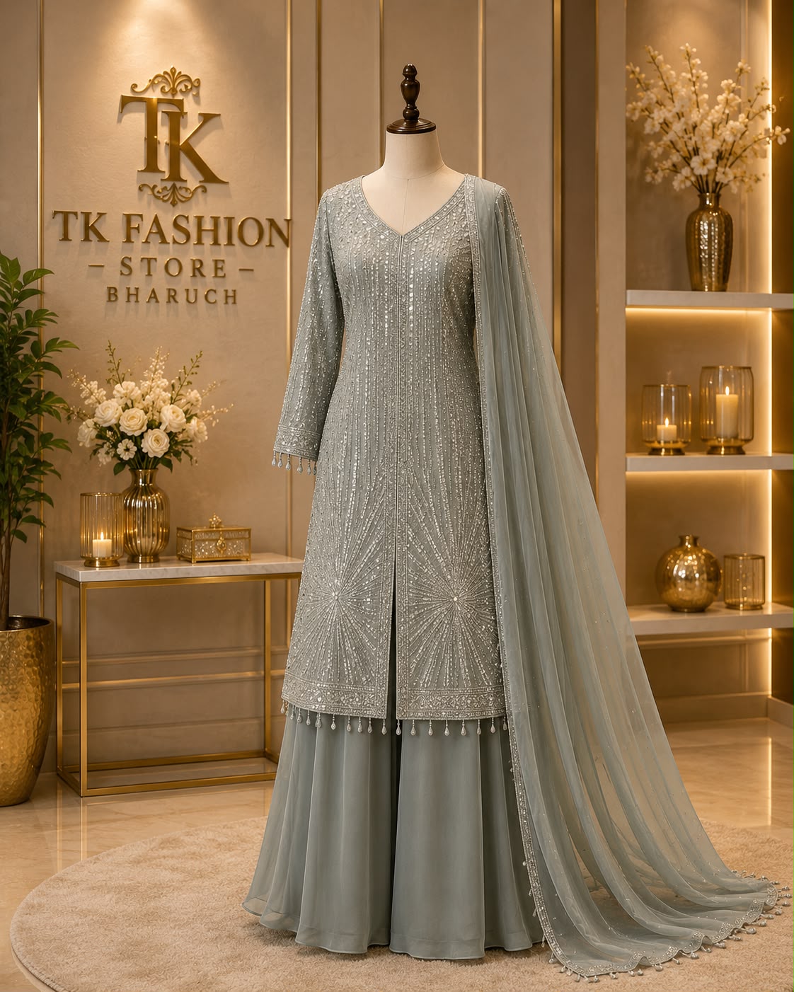 Georgette Handwork Long Kurta Sharara Set with Net Dupatta – Party Wear