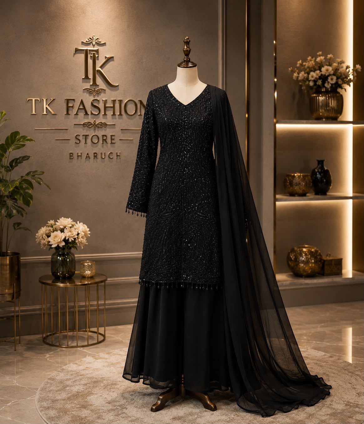 Georgette Handwork Long Kurta Sharara Set with Net Dupatta – Party Wear