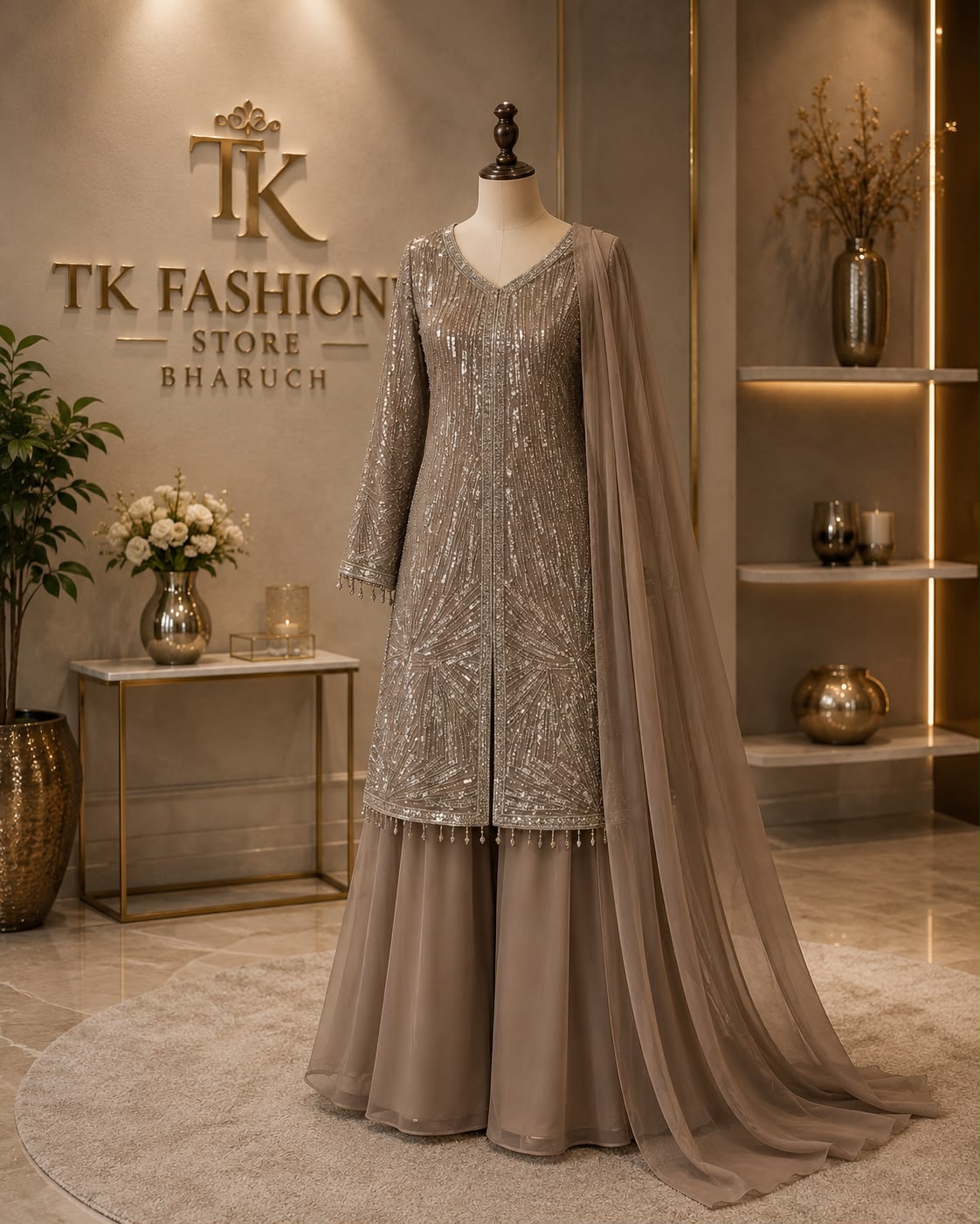 Georgette Handwork Long Kurta Sharara Set with Net Dupatta – Party Wear