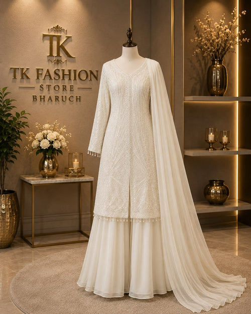 Georgette Handwork Long Kurta Sharara Set with Net Dupatta – Party Wear
