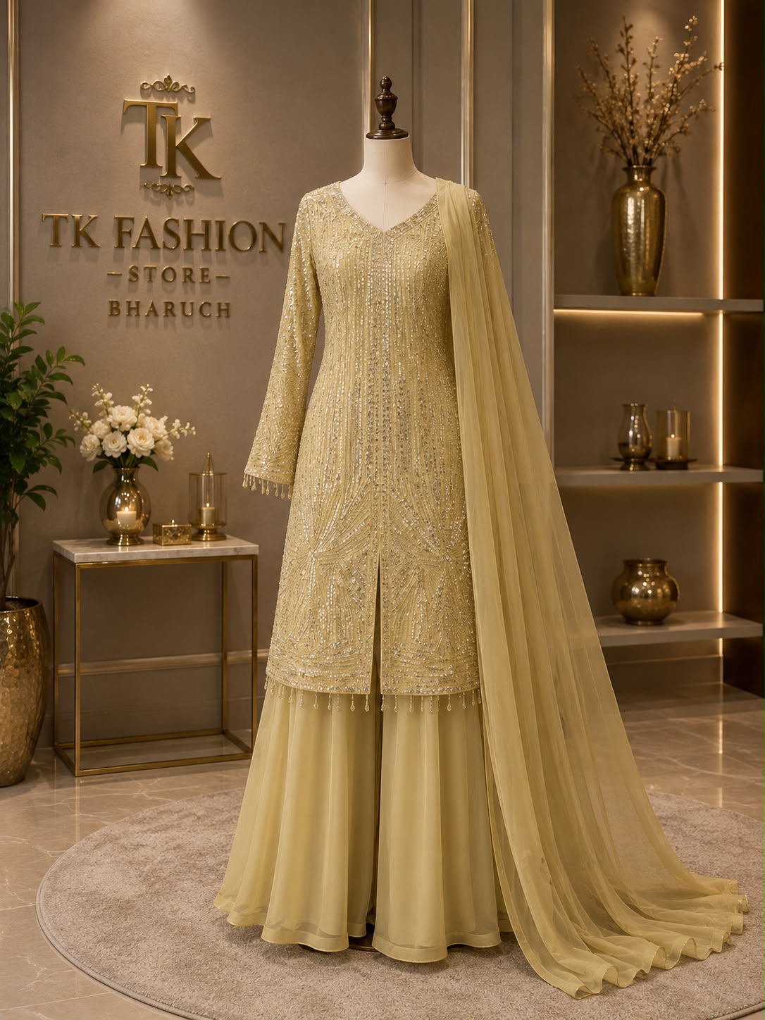 Georgette Handwork Long Kurta Sharara Set with Net Dupatta – Party Wear