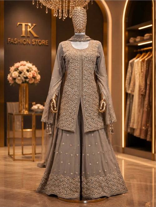 Grey georgette handwork suit set with palazzo at TK Fashion Store