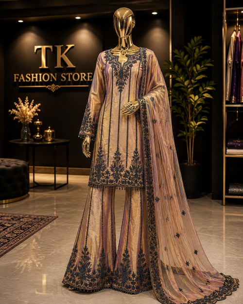 Georgette Handwork Sharara Suit Set with Net Dupatta – Party Wear